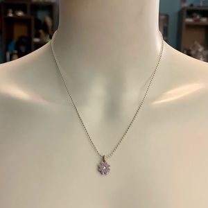 Coach Baby Pink Enamel Dainty Mini Crystal Daisy Pendant .925 Sterling Necklace